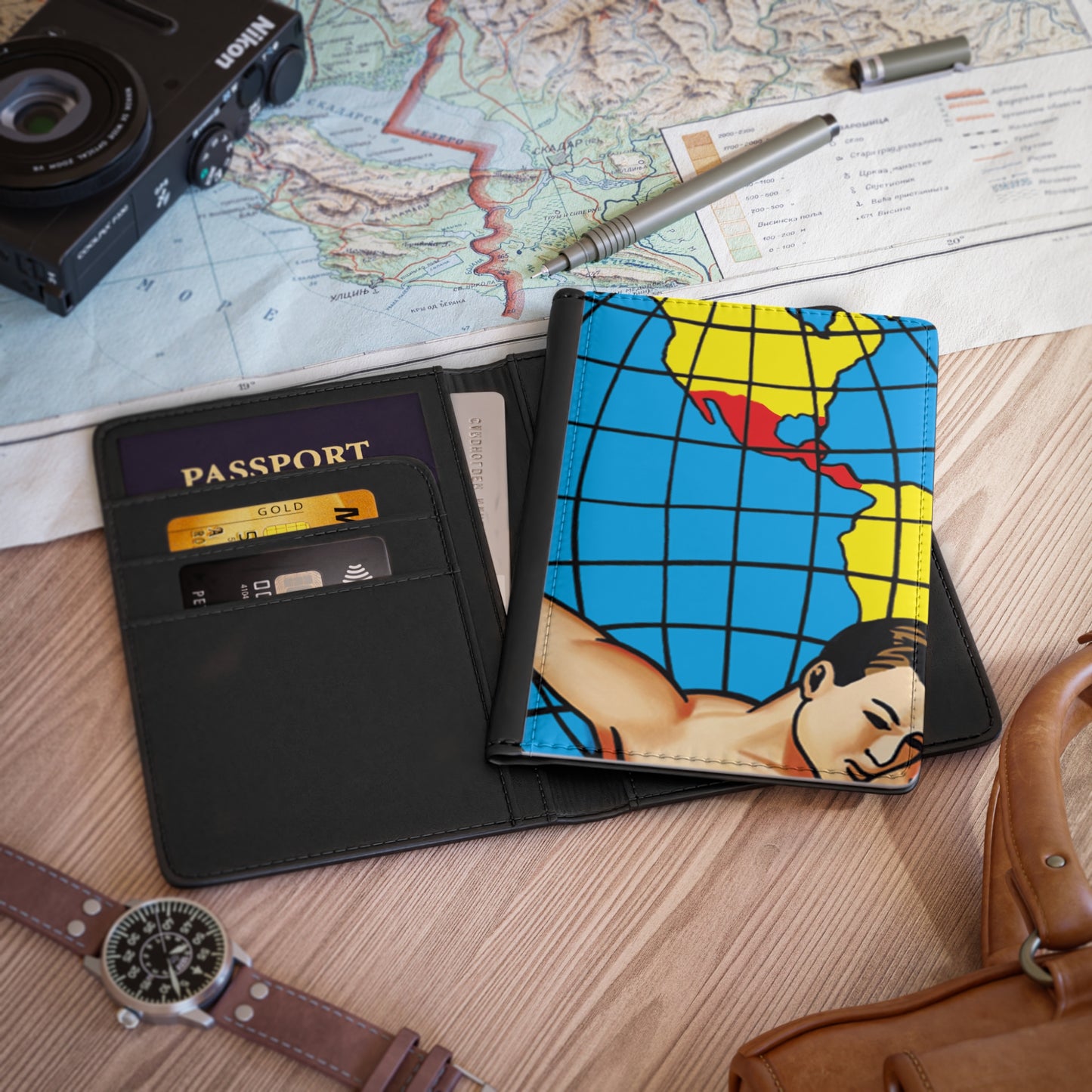 Retro-Inspired Passport Cover with World Map Design
